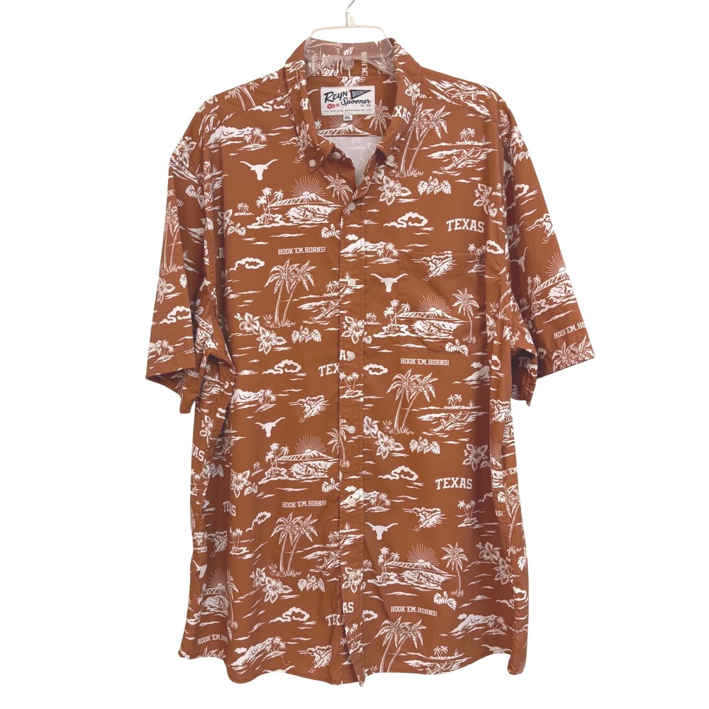 Reyn Spooner Texas Longhorns Burnt Orange Aloha Shirt Mens 2XL Hook Em 
Horns UT